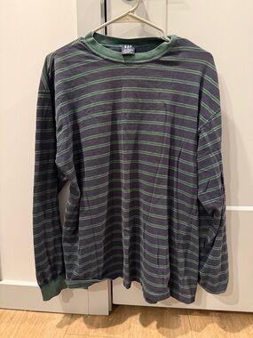GAP Men's Long-Sleeve Striped Crewneck - Dark Gray & Green